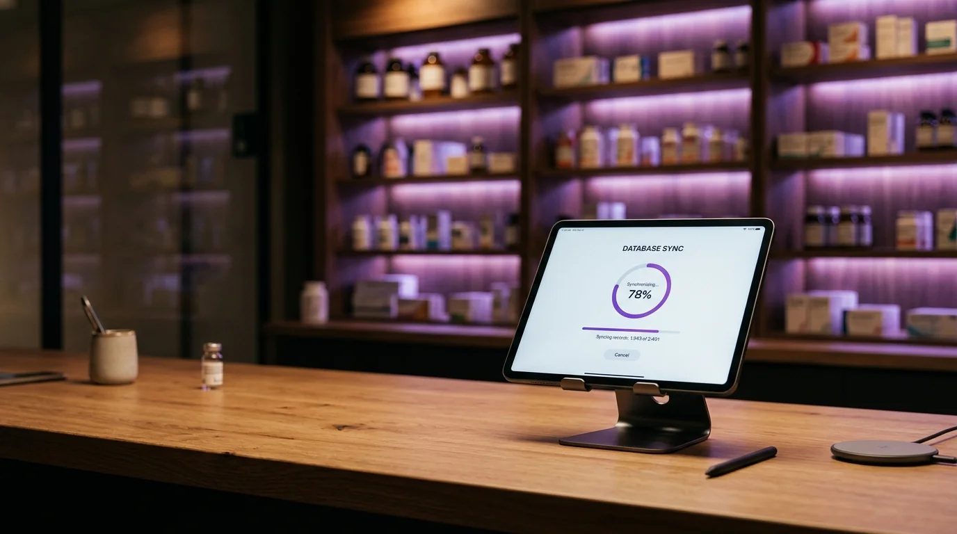 Tablet con pantalla de descarga y sincronización de base de datos en mostrador de botica