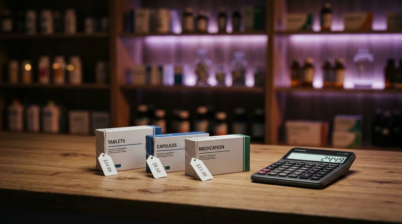 Cajas de medicamentos con etiquetas de precio sobre un mostrador de farmacia