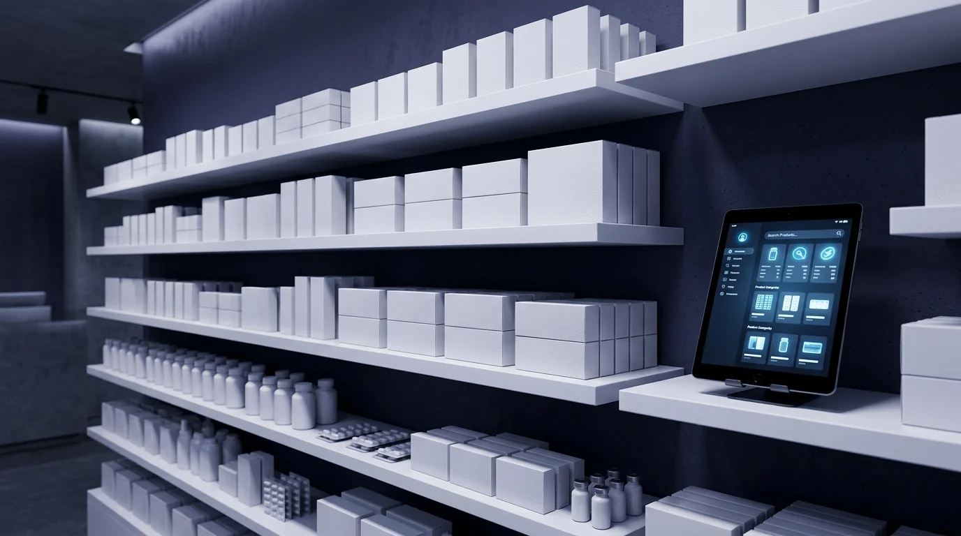 Estantes de farmacia con productos ordenados junto a una tablet digital