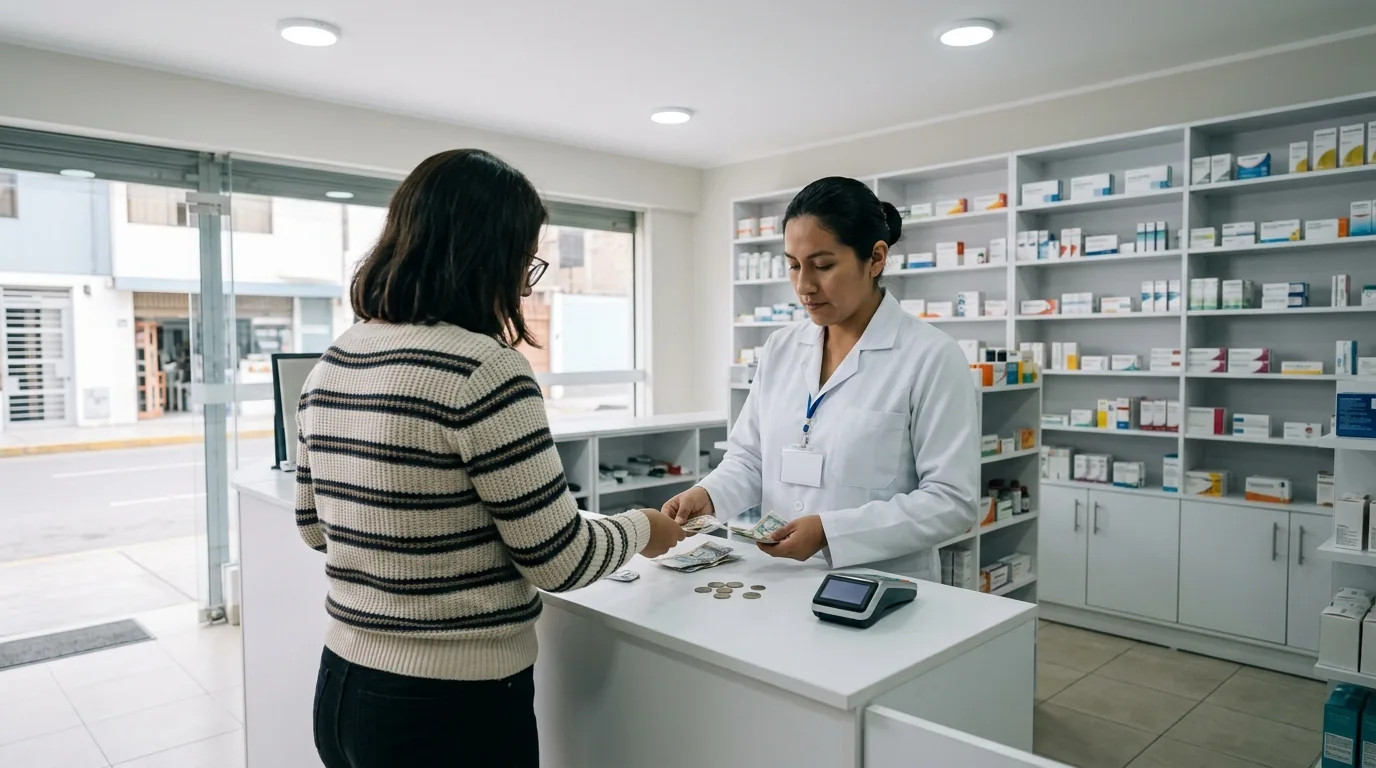 Mostrador de farmacia con una pantalla de punto de venta