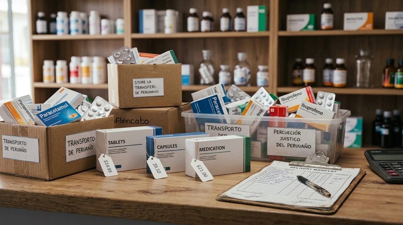 Cajas de medicamentos preparadas con manifiesto de entrega para traslado entre sucursales de botica