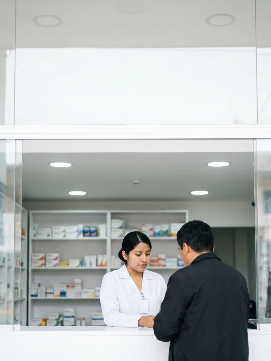 Ilustración: una químico farmacéutica atiende a un cliente en el mostrador de una botica de ciudad, con luz de día