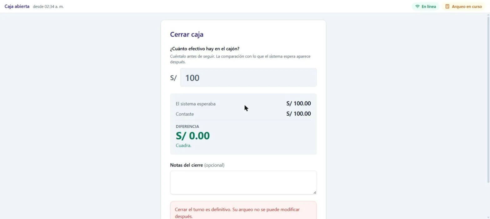 Cierre de caja: el sistema esperaba 100 soles, el cajero contó 100, diferencia cero